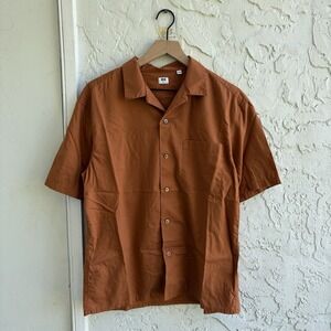 Uniqlo Shirt Mens Small Burnt Orange Camp Collar Cotton Modal Button Up Resort